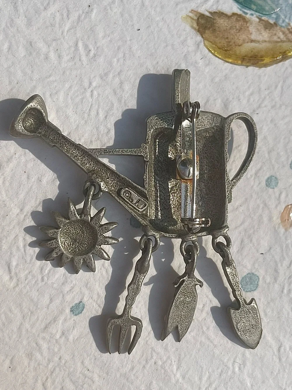 Vintage JJ Jonette Watering Can Garden Theme Pin Brooch Pewter